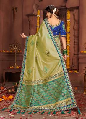 Olive embroidered silk blend saree with blouse 3