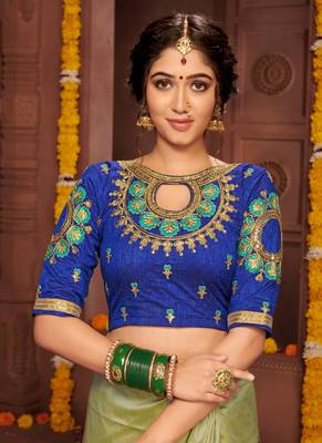 Olive embroidered silk blend saree with blouse 4