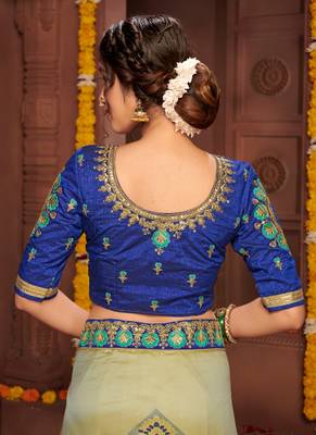 Olive embroidered silk blend saree with blouse 5