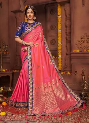 Pink embroidered silk blend saree with blouse 1