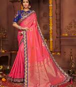 Pink embroidered silk blend saree with blouse
