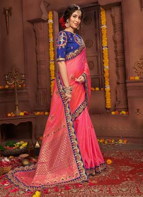 Pink embroidered silk blend saree with blouse 2