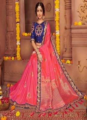 Pink embroidered silk blend saree with blouse 3