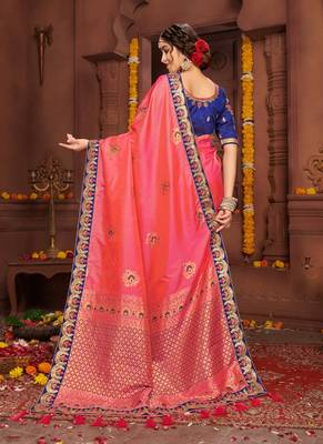 Pink embroidered silk blend saree with blouse 4