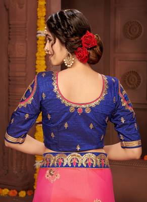 Pink embroidered silk blend saree with blouse 5