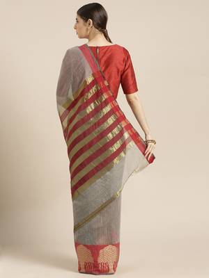 Kimisha Women's Grey Cotton Blend Kota Doria Saree with Zari Border 2