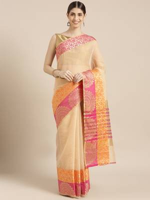 Kimisha Women's Beige Cotton Blend Kota Doria Saree with Zari Border 1