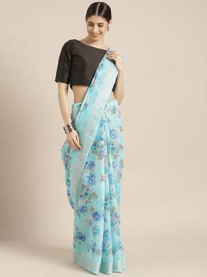 Blue woven cotton saree with blouse 1