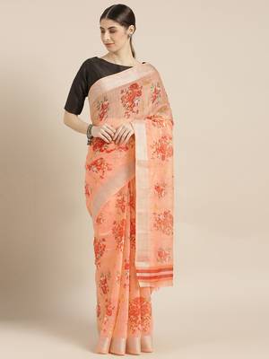 Kimisha Women's Peach Cotton Blend Floral Digital Printed Saree 1