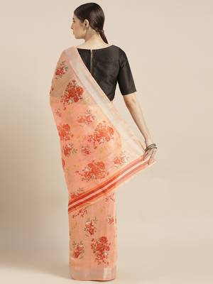 Kimisha Women's Peach Cotton Blend Floral Digital Printed Saree 2