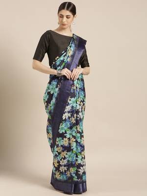 Kimisha Women's Blue Silk Blend Floral Digital Printed Saree 1