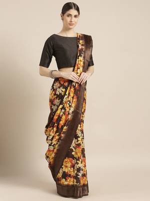 Kimisha Women's Yellow Silk Blend Floral Digital Printed Saree 1