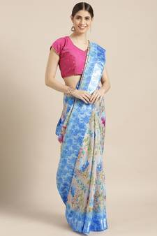 Women'S Blue Silk Blend Floral Digital Printed Saree