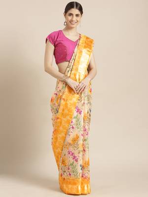 Kimisha Women's Yellow Silk Blend Floral Digital Printed Saree 1