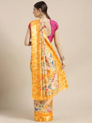 Kimisha Women's Yellow Silk Blend Floral Digital Printed Saree 2