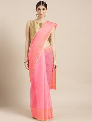 Kimisha Women's Pink Cotton Kota Doria Saree with Beads Work 1