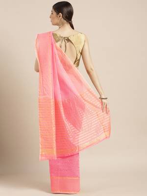 Kimisha Women's Pink Cotton Kota Doria Saree with Beads Work 2