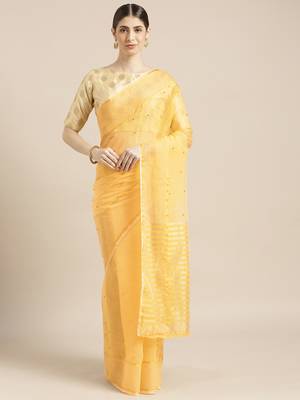 Yellow woven cotton saree with blouse 1