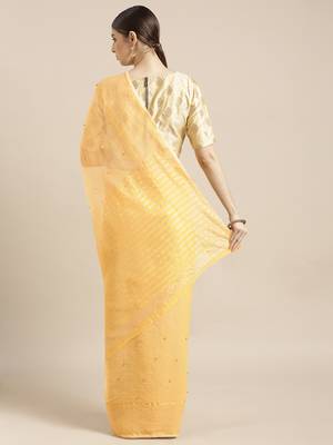 Yellow woven cotton saree with blouse 2
