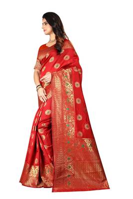 Red Woven Silk Saree With Blouse 3