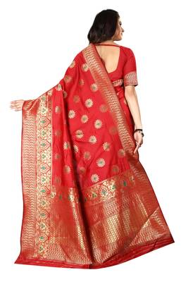 Red Woven Silk Saree With Blouse 4