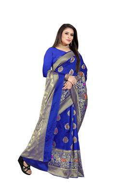  royal blue woven jacquard saree with blouse 2