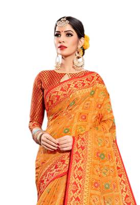 Orange Woven Silk Saree With Blouse 3