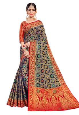 Navy Blue Woven Silk Saree With Blouse 1