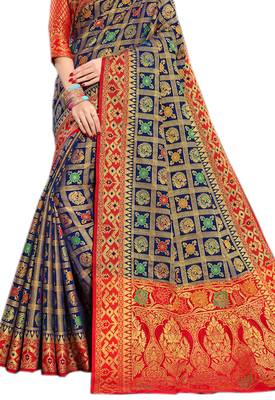 Navy Blue Woven Silk Saree With Blouse 2
