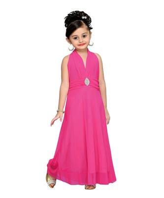 Pink Embroidered Net Kids Girl Gowns 1