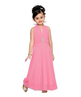 Pink Embroidered Net Kids Girl Gowns 1