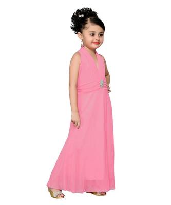 Pink Embroidered Net Kids Girl Gowns 4
