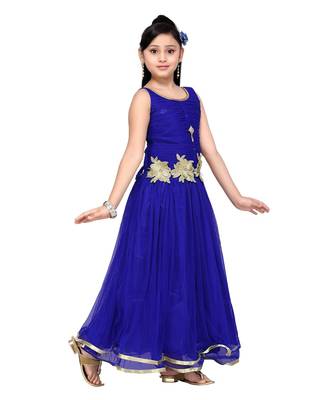 Blue Embroidered Net Kids Frocks 4
