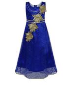 Blue Embroidered Net Kids Girl Gowns