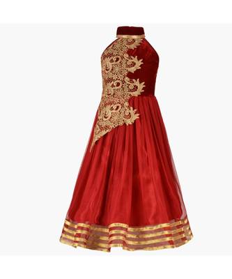 Red Embroidered Net Kids Girl Gowns 1