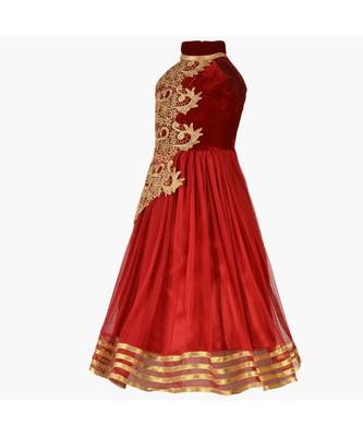 Red Embroidered Net Kids Girl Gowns 2