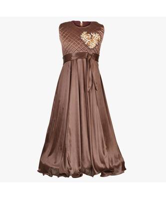 Brown Embroidered Polyester Kids Girl Gowns 1