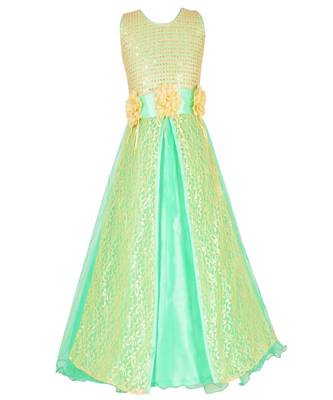Green Embroidered Net Kids Girl Gowns 1