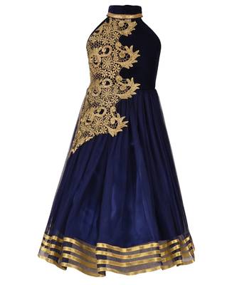 Blue Embroidered Net Kids Girl Gowns 1