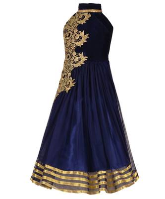 Blue Embroidered Net Kids Girl Gowns 2