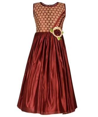 Brown Embroidered Satin Kids Girl Gowns 1