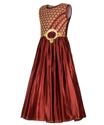 Brown Embroidered Satin Kids Girl Gowns 2