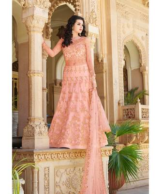 Peach Embroidered Net Salwar With Dupatta 1