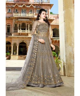 Grey Embroidered Net Salwar With Dupatta 1