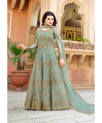 Green Embroidered Net Salwar With Dupatta 1