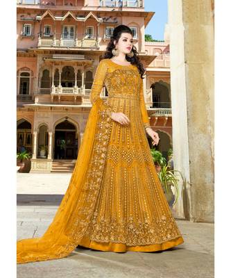 Yellow Embroidered Net Salwar With Dupatta 1