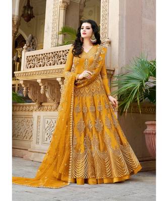 Yellow Embroidered Net Salwar With Dupatta 1
