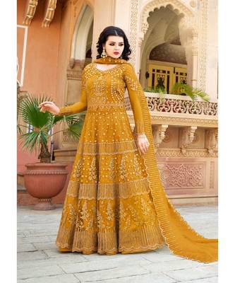 Yellow Embroidered Net Salwar With Dupatta 1
