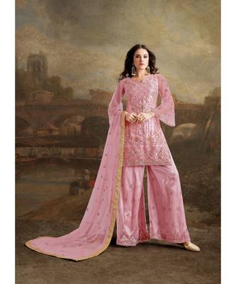 Pink Embroidered Net Salwar With Dupatta 1
