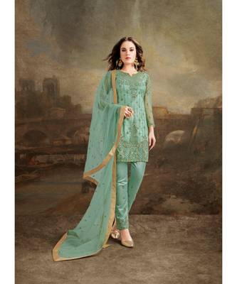 Green Embroidered Net Salwar With Dupatta 1